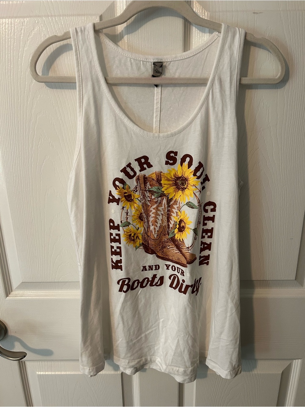 White Graphic Tank Top with Sunflower & Boots